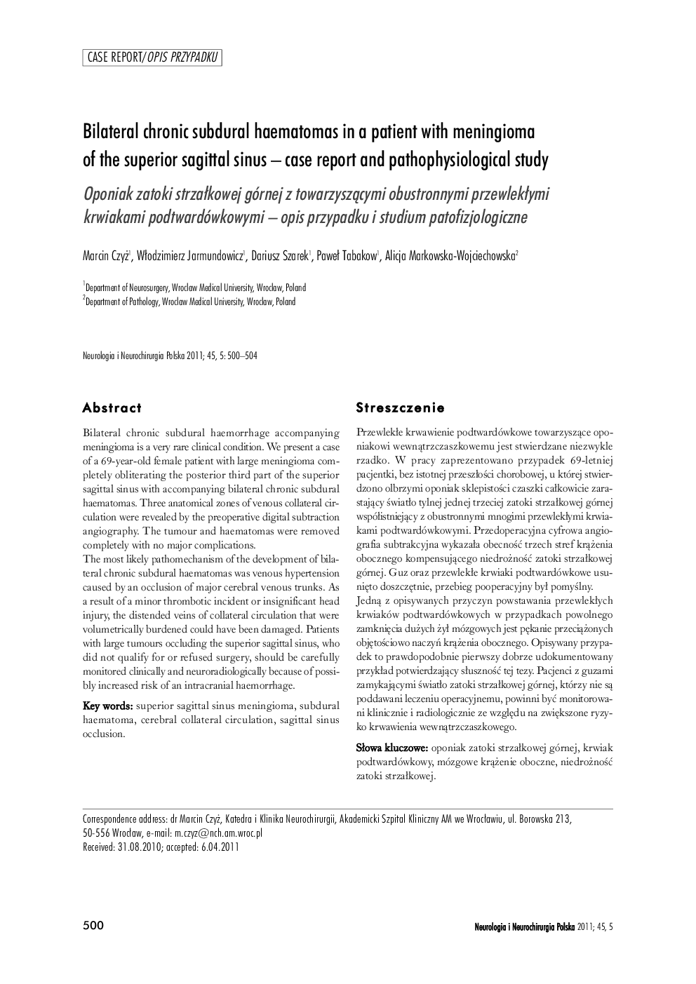 Bilateral chronic subdural haematomas in a patient with meningioma of the superior sagittal sinus – case report and pathophysiological study