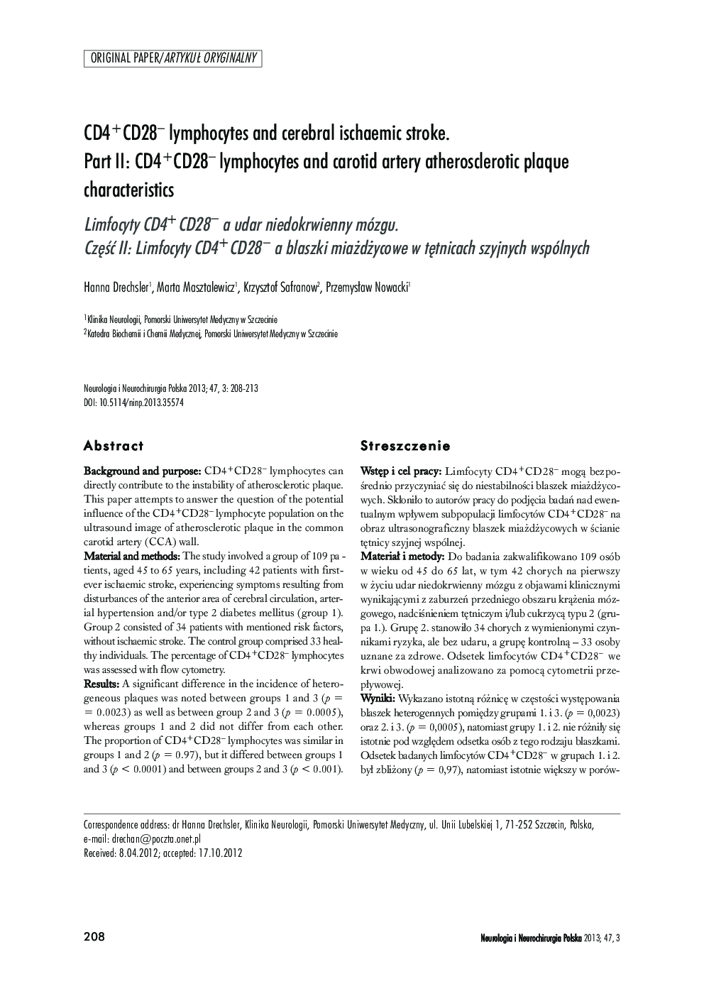 CD4+CD28− lymphocytes and cerebral ischaemic stroke. Part II: CD4+CD28− lymphocytes and carotid artery atherosclerotic plaque characteristics