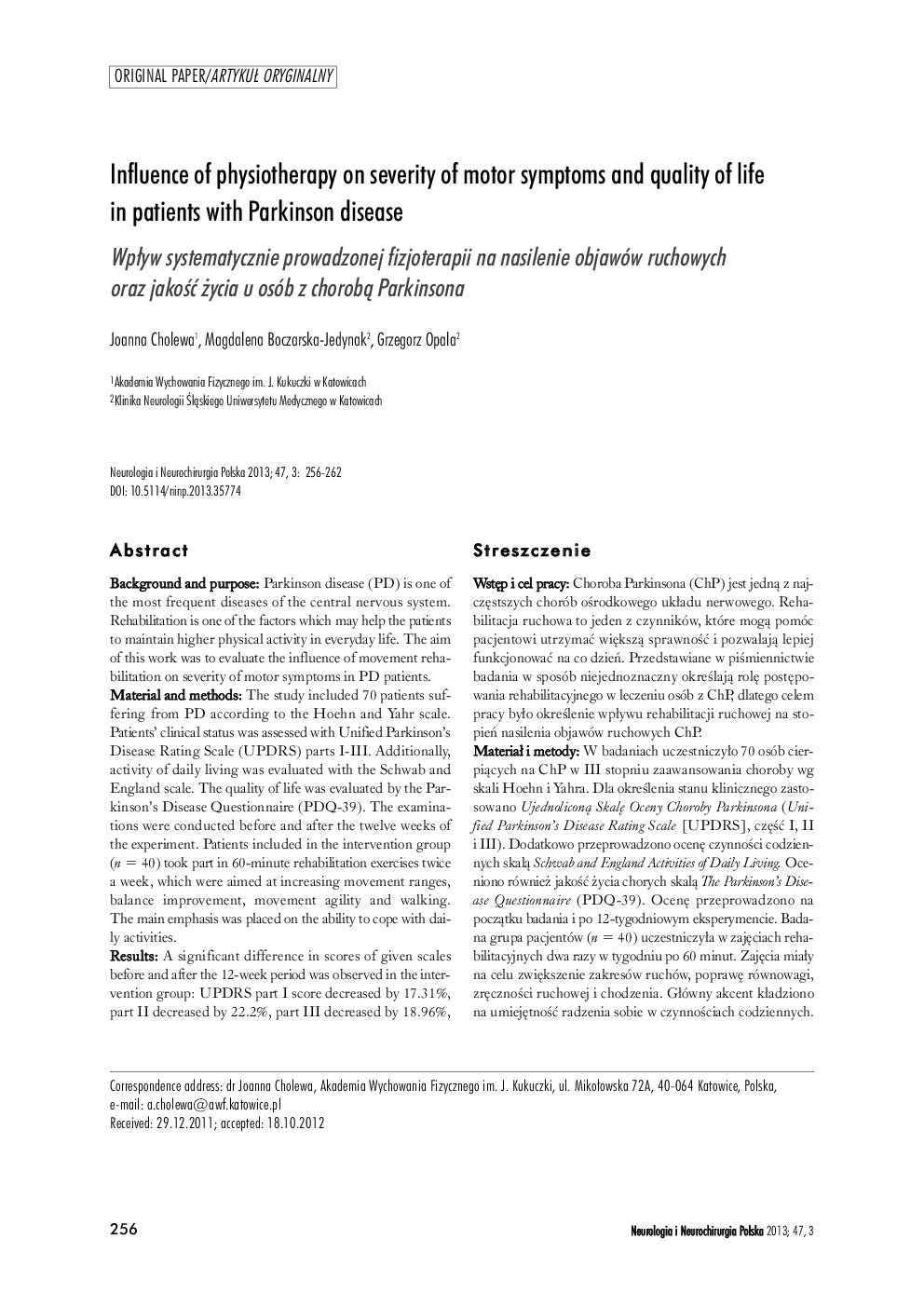 Influence of physiotherapy on severity of motor symptoms and quality of life in patients with Parkinson disease