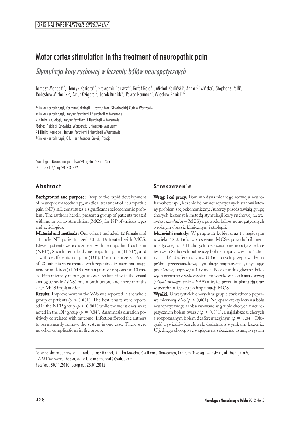 Motor cortex stimulation in the treatment of neuropathic pain