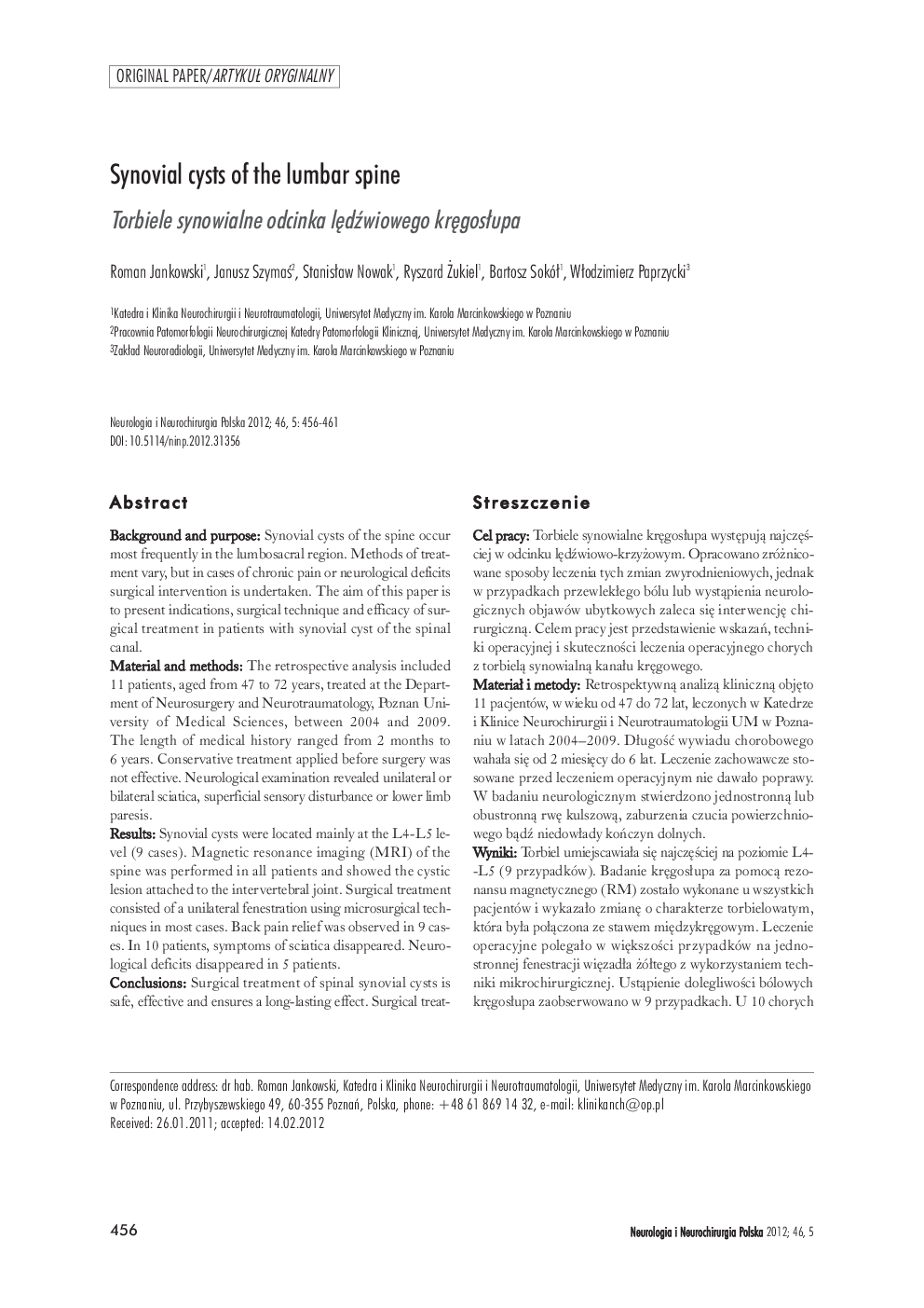 Synovial cysts of the lumbar spine