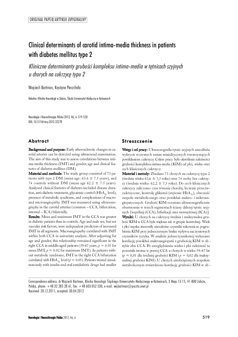 Clinical determinants of carotid intima-media thickness in patients with diabetes mellitus type 2