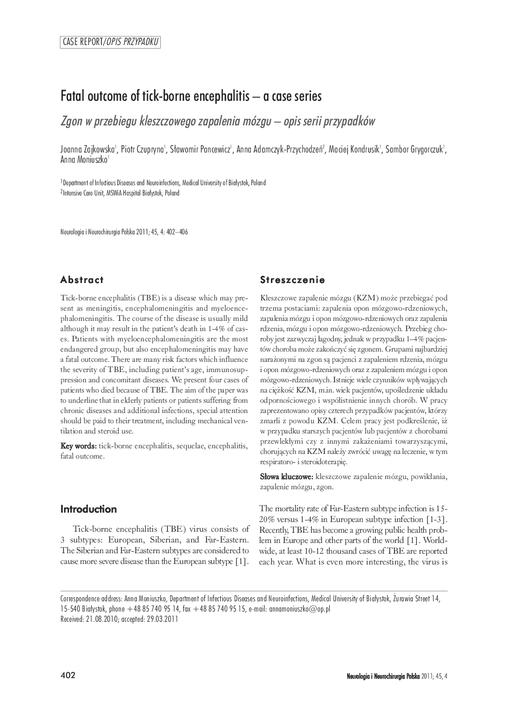 Fatal outcome of tick-borne encephalitis – a case series