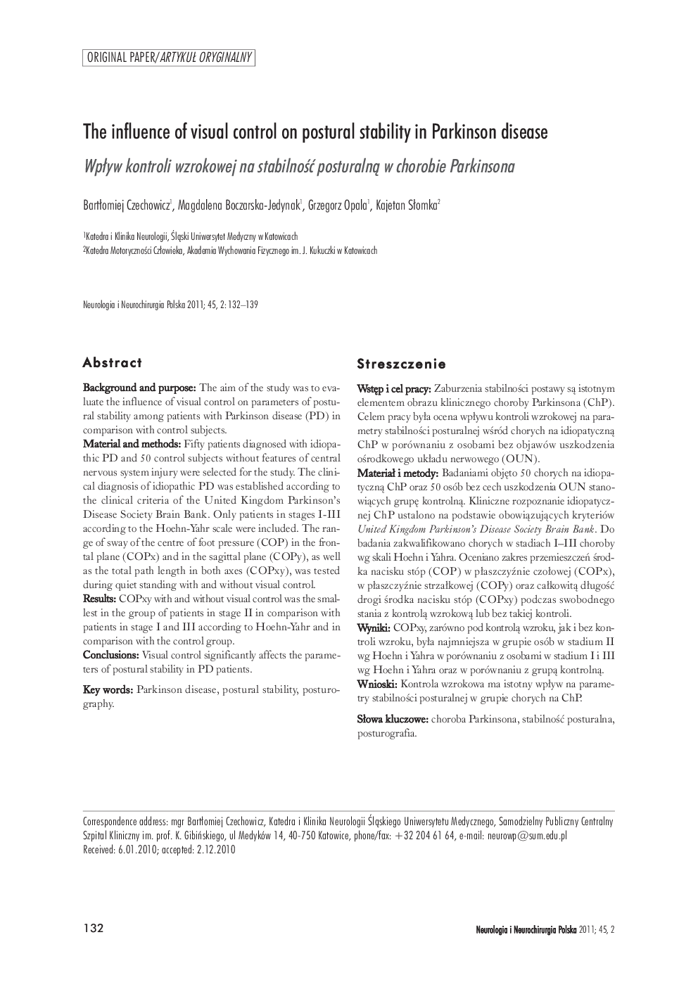 The influence of visual control on postural stability in Parkinson disease