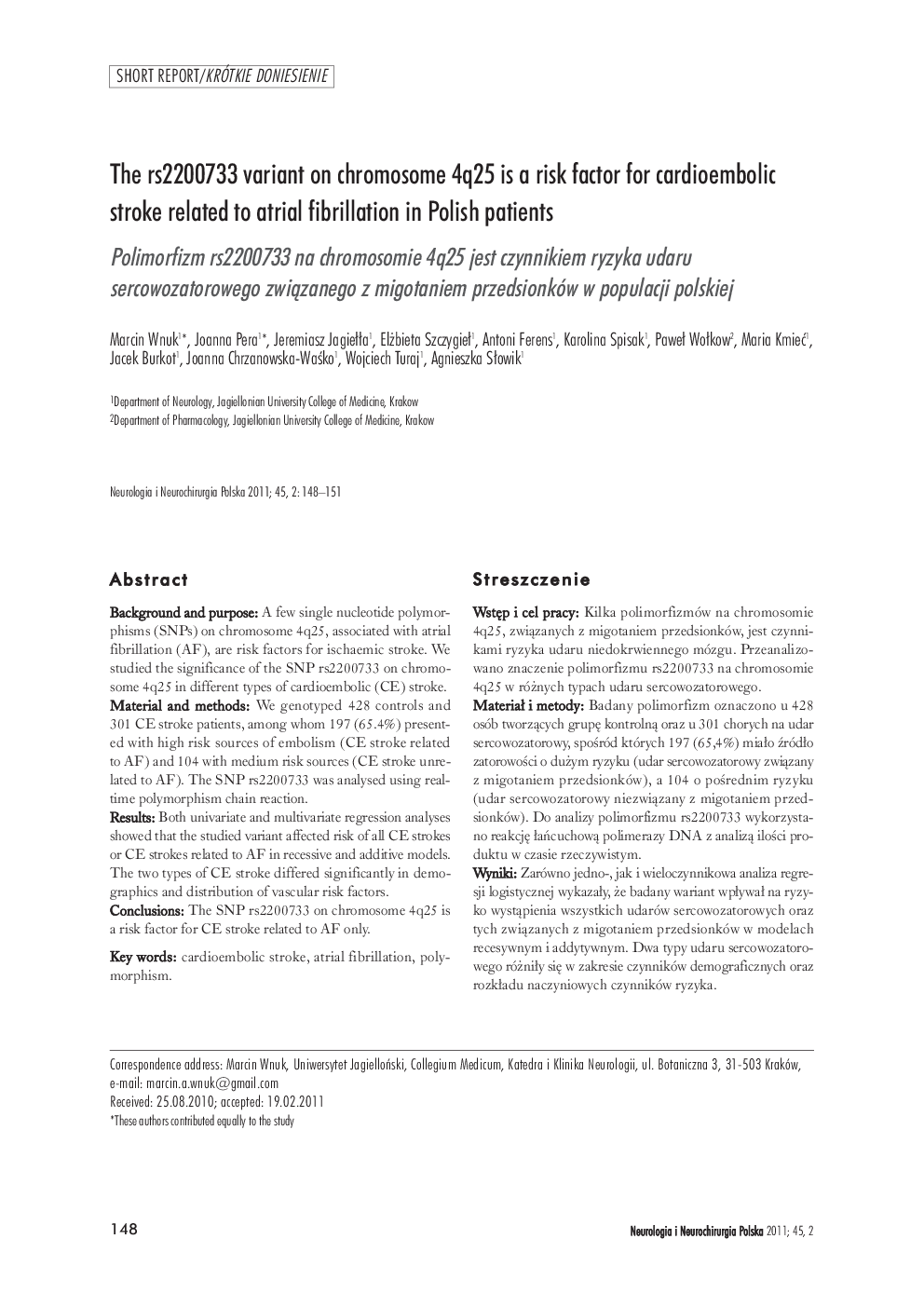 The rs2200733 variant on chromosome 4q25 is a risk factor for cardioembolic stroke related to atrial fibrillation in Polish patients