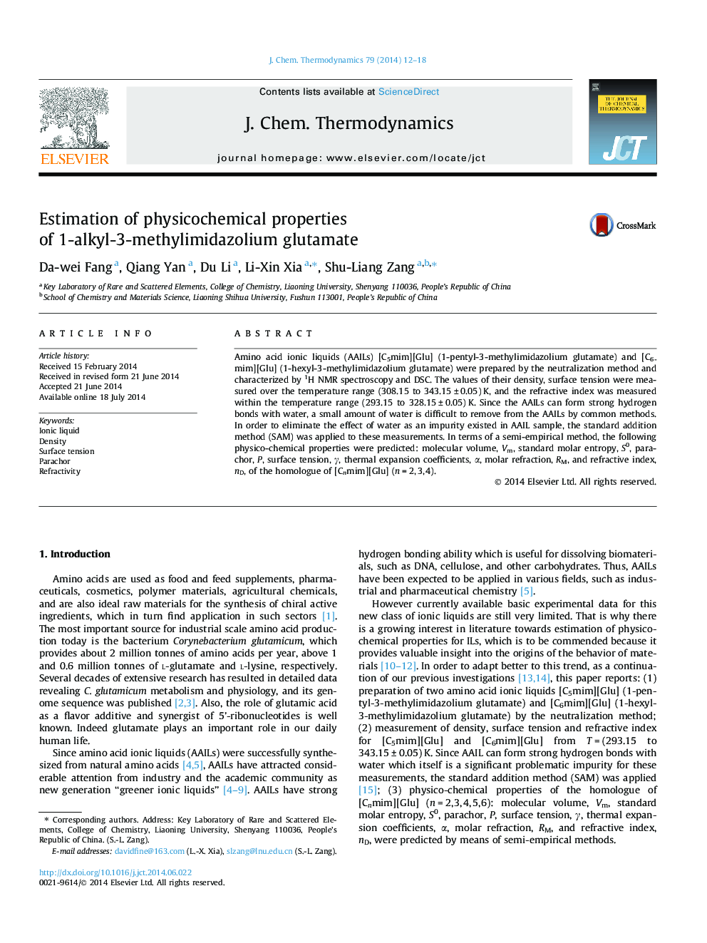 Estimation of physicochemical properties of 1-alkyl-3-methylimidazolium glutamate