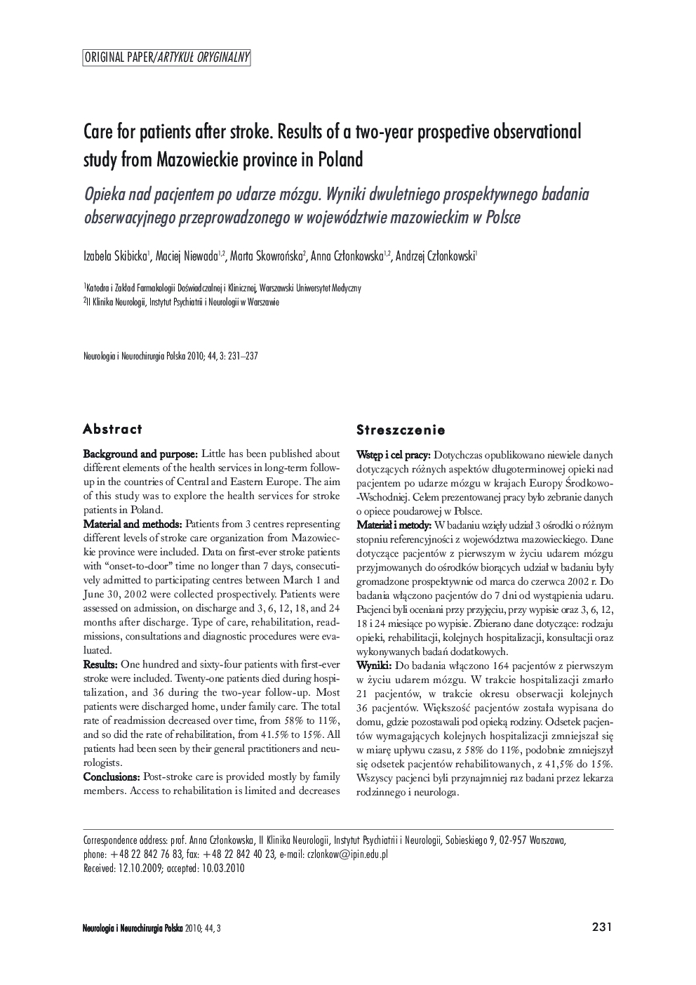 Care for patients after stroke. Results of a two-year prospective observational study from Mazowieckie province in Poland
