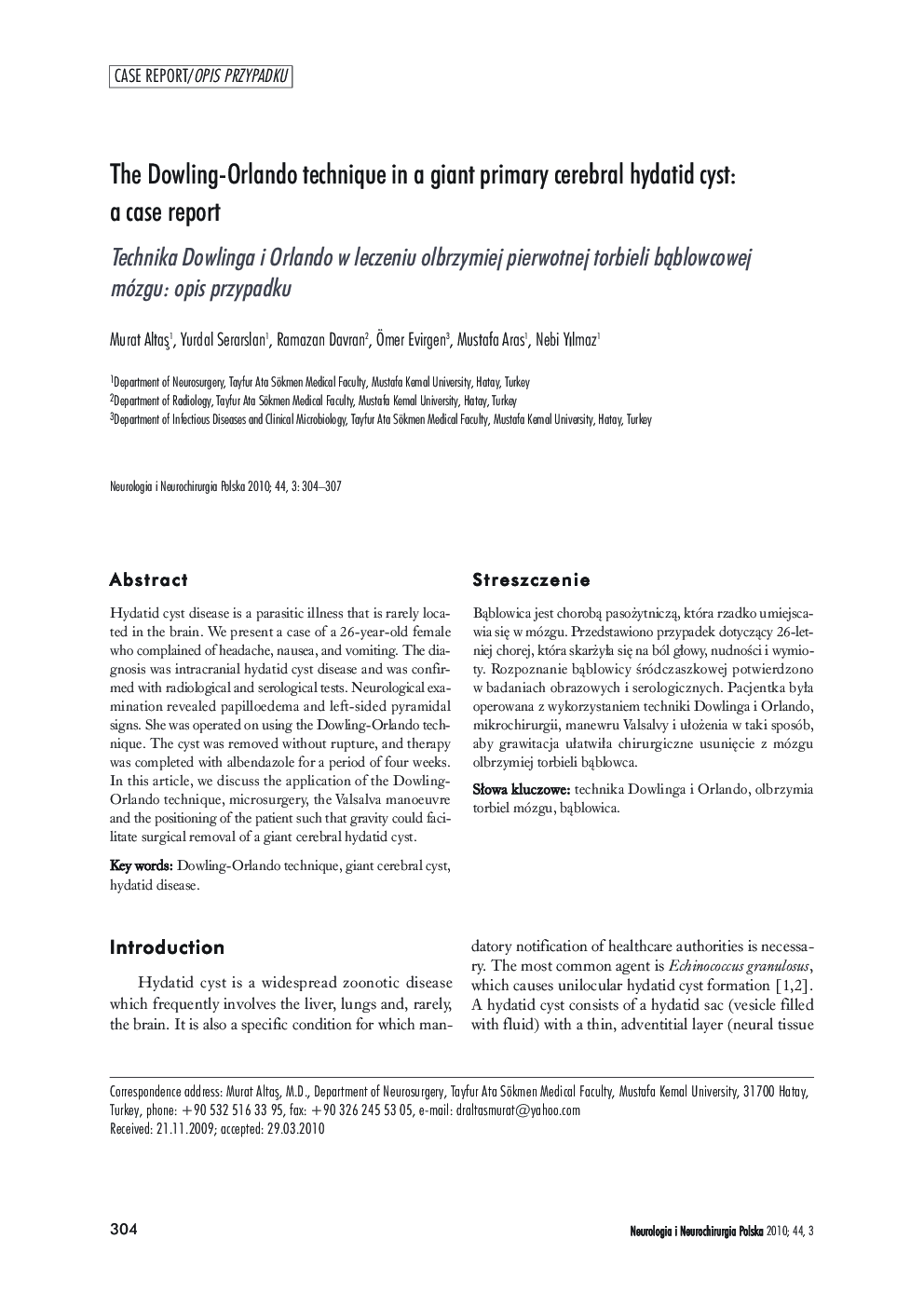 The Dowling-Orlando technique in a giant primary cerebral hydatid cyst: a case report