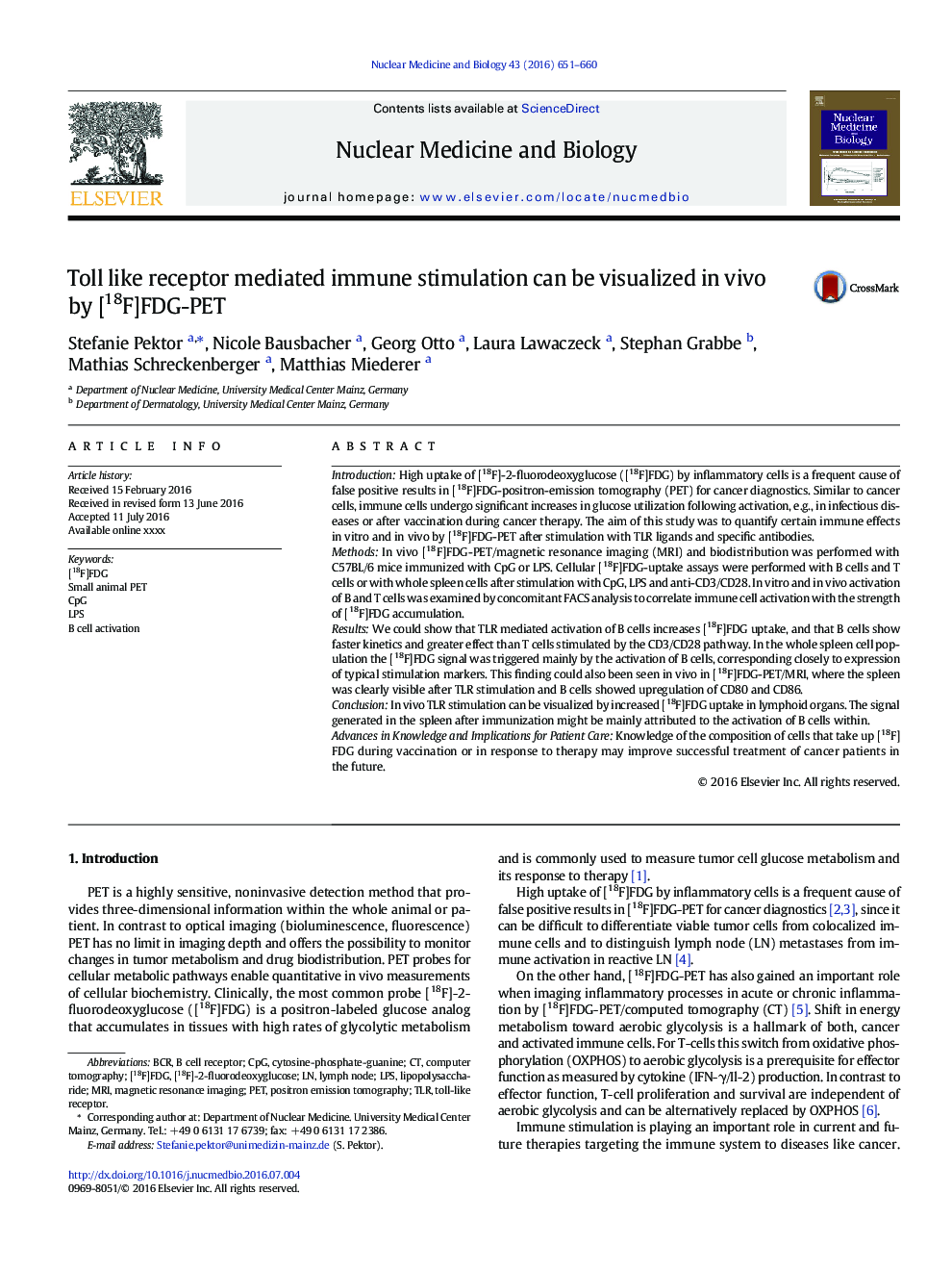 Toll like receptor mediated immune stimulation can be visualized in vivo by [18F]FDG-PET