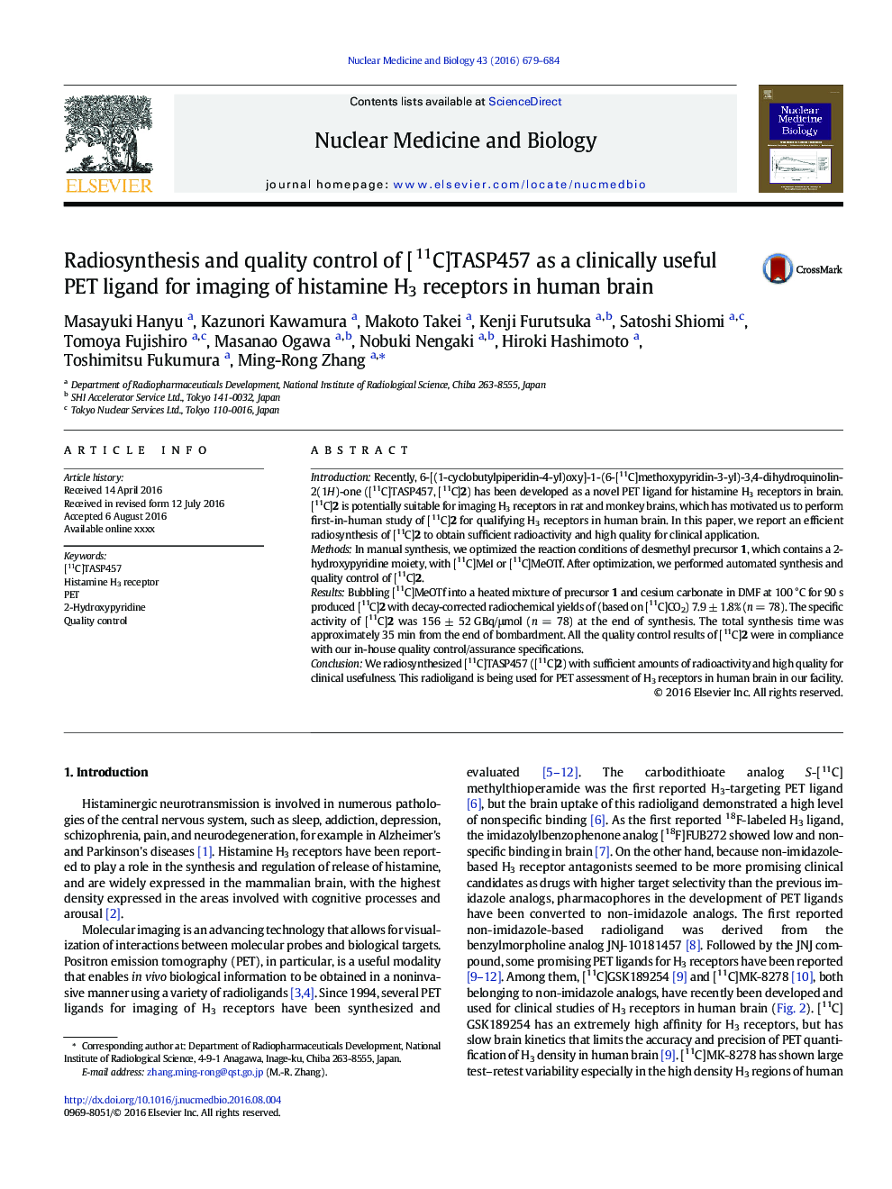 رادیوسنتز و کیفیت کنترل [11C] TASP457 به عنوان لیگاند PET بالینی مفید برای تصویربرداری از گیرنده های هیستامینی H3 در مغز انسان