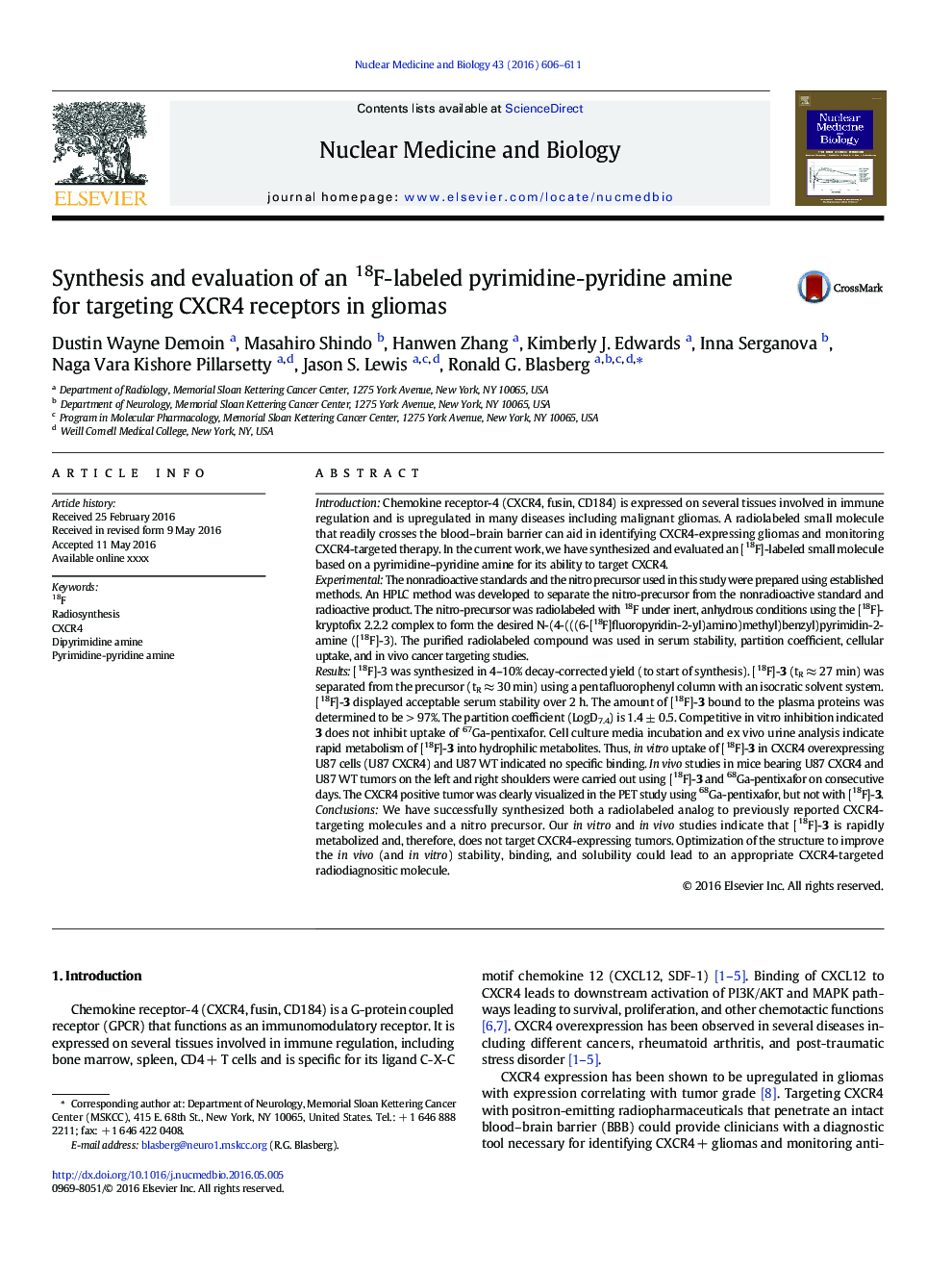 سنتز و ارزیابی یک آمین پوریمیدین ـ پیریدین با برچسب 18F برای هدف گیری گیرنده های CXCR4 در گلیوم