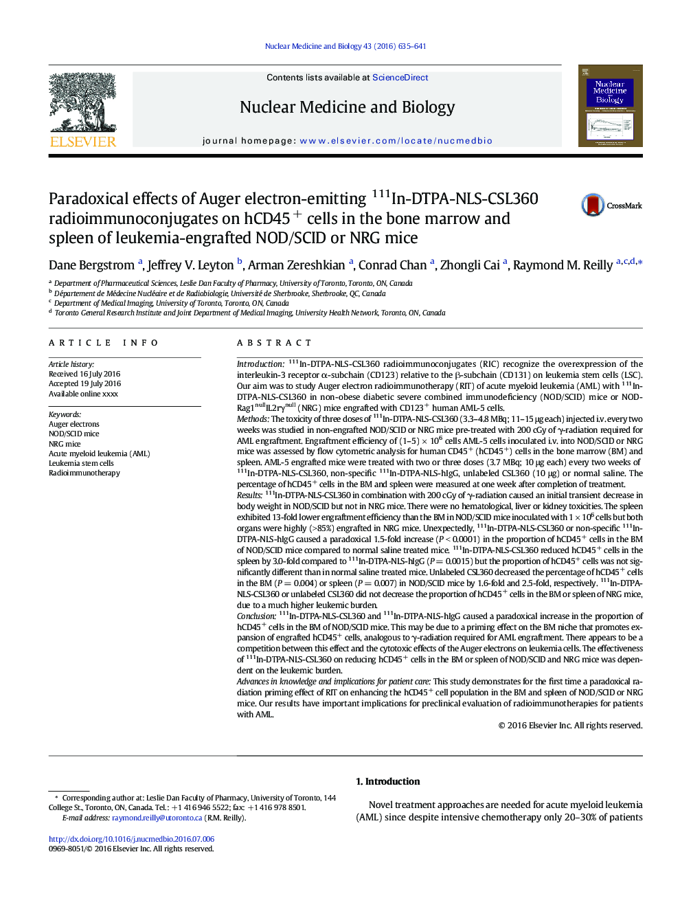 عکس صفحه اول مقاله: Paradoxical effects of Auger electron-emitting 111In-DTPA-NLS-CSL360 radioimmunoconjugates on hCD45+ cells in the bone marrow and spleen of leukemia-engrafted NOD/SCID or NRG mice Paradoxical effects of Auger electron-emitting 111In-DTPA-NLS-CSL360 radioimmunoconjugates on hCD45+ cells in the bone marrow and spleen of leukemia-engrafted NOD/SCID or NRG mice