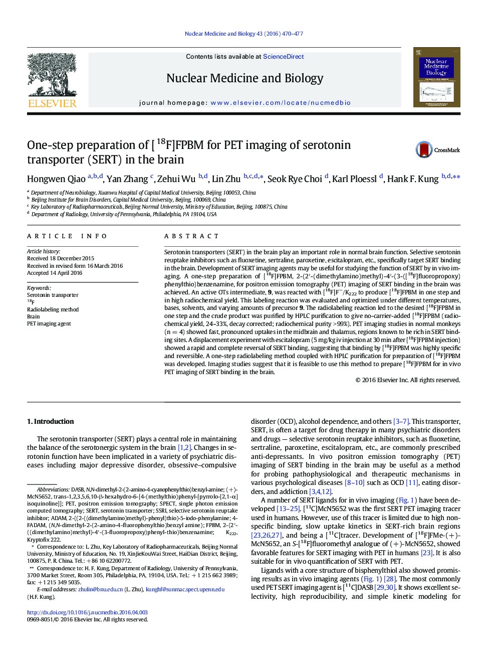 One-step preparation of [18F]FPBM for PET imaging of serotonin transporter (SERT) in the brain