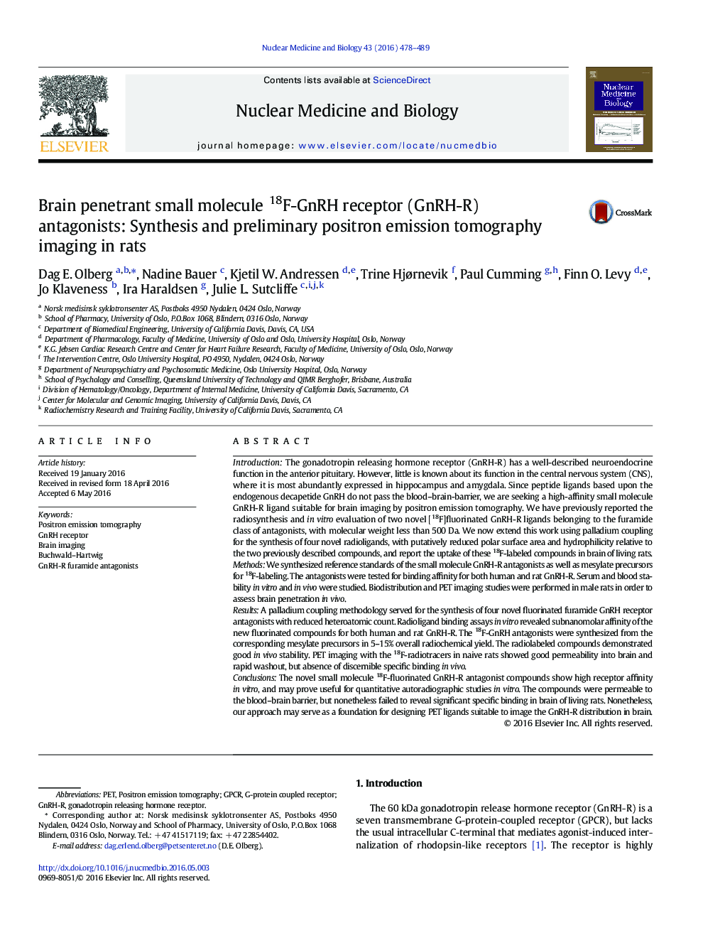 Brain penetrant small molecule 18F-GnRH receptor (GnRH-R) antagonists: Synthesis and preliminary positron emission tomography imaging in rats