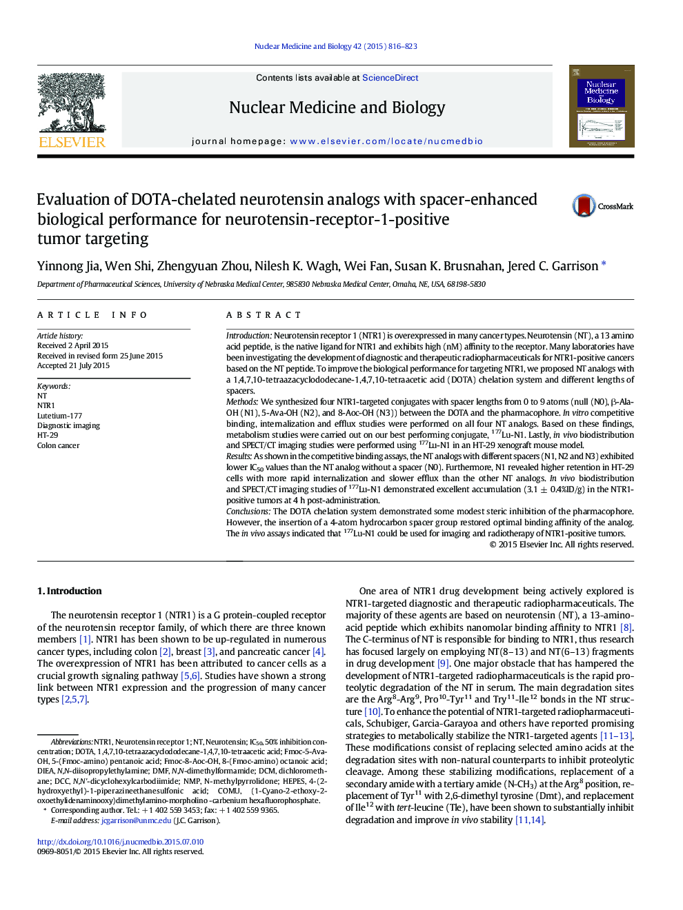 Evaluation of DOTA-chelated neurotensin analogs with spacer-enhanced biological performance for neurotensin-receptor-1-positive tumor targeting