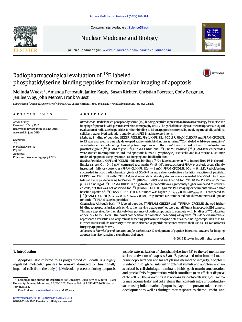 Radiopharmacological evaluation of 18F-labeled phosphatidylserine-binding peptides for molecular imaging of apoptosis