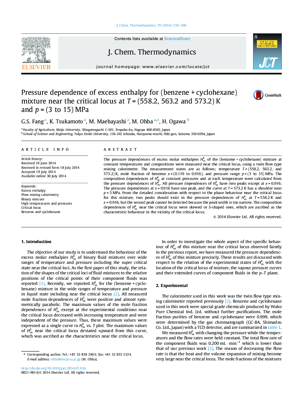 Pressure dependence of excess enthalpy for (benzene + cyclohexane) mixture near the critical locus at T = (558.2, 563.2 and 573.2) K and p = (3 to 15) MPa