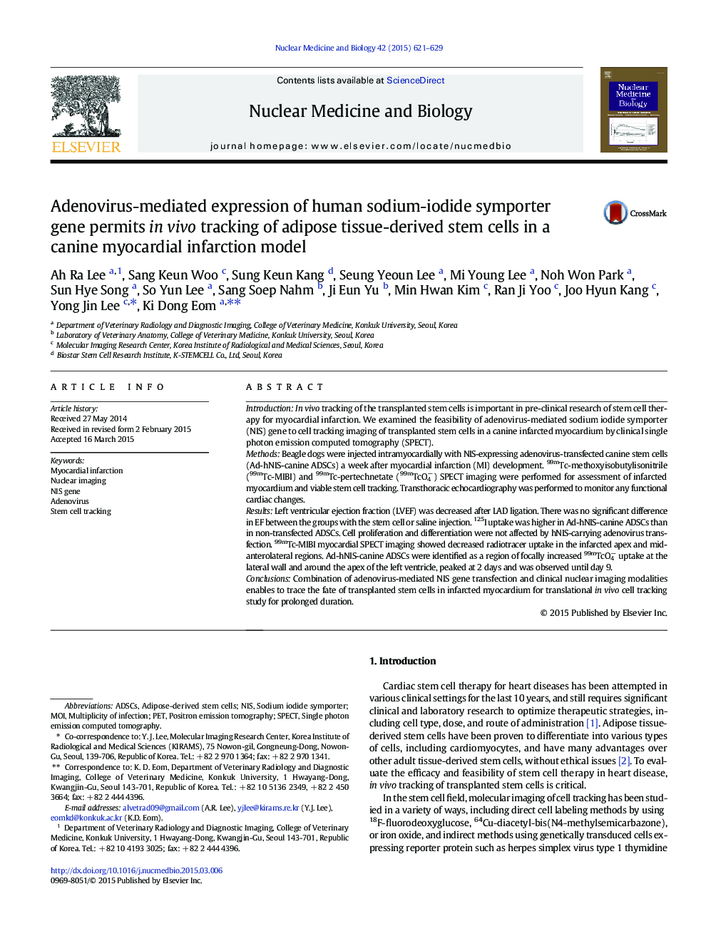 Adenovirus-mediated expression of human sodium-iodide symporter gene permits in vivo tracking of adipose tissue-derived stem cells in a canine myocardial infarction model