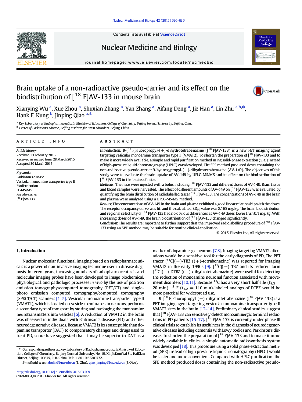 Brain uptake of a non-radioactive pseudo-carrier and its effect on the biodistribution of [18 F]AV-133 in mouse brain