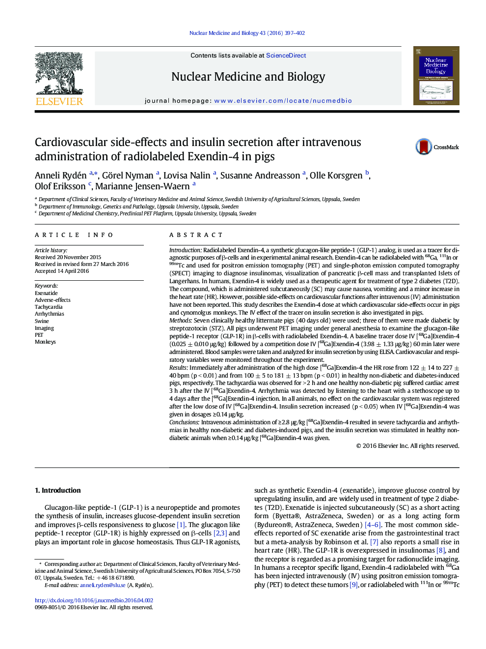 عکس صفحه اول مقاله: Cardiovascular side-effects and insulin secretion after intravenous administration of radiolabeled Exendin-4 in pigs Cardiovascular side-effects and insulin secretion after intravenous administration of radiolabeled Exendin-4 in pigs