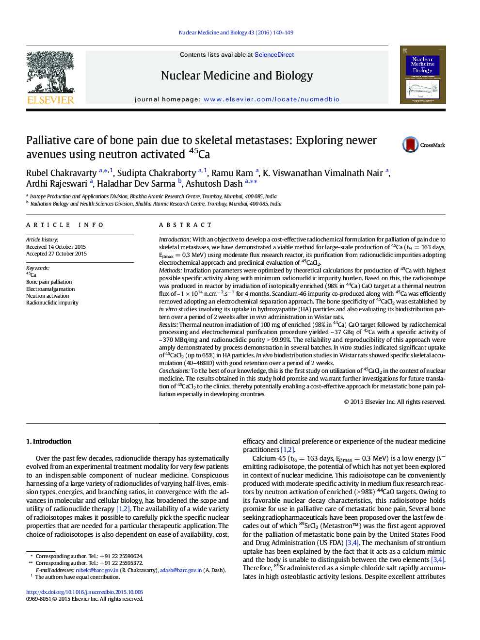 Palliative care of bone pain due to skeletal metastases: Exploring newer avenues using neutron activated 45Ca