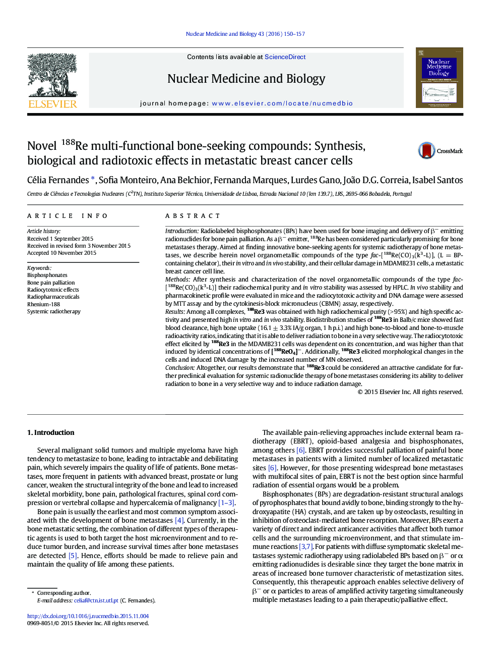 Novel 188Re multi-functional bone-seeking compounds: Synthesis, biological and radiotoxic effects in metastatic breast cancer cells