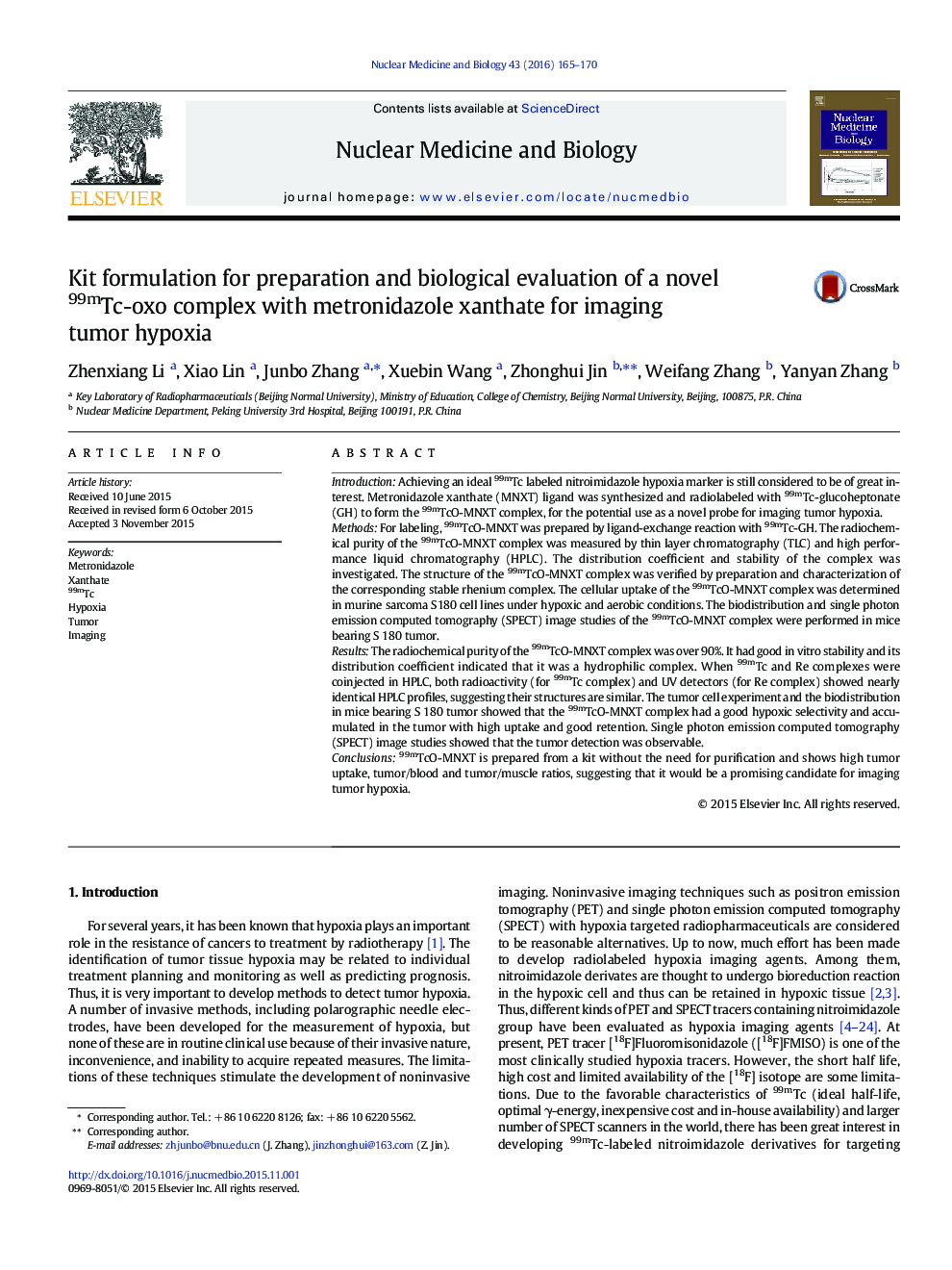 Kit formulation for preparation and biological evaluation of a novel 99mTc-oxo complex with metronidazole xanthate for imaging tumor hypoxia