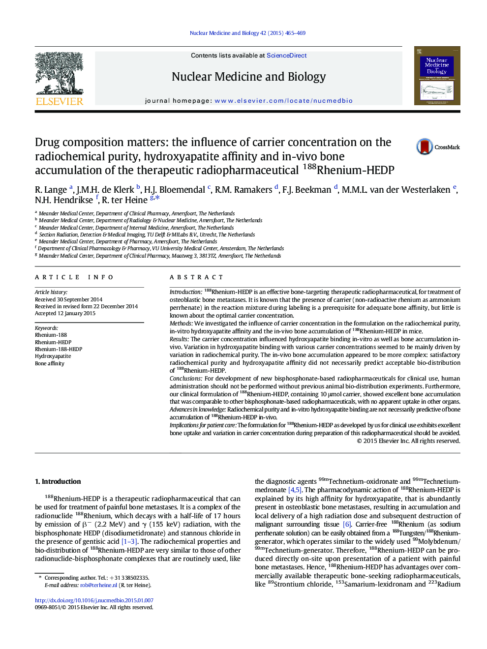 Drug composition matters: the influence of carrier concentration on the radiochemical purity, hydroxyapatite affinity and in-vivo bone accumulation of the therapeutic radiopharmaceutical 188Rhenium-HEDP