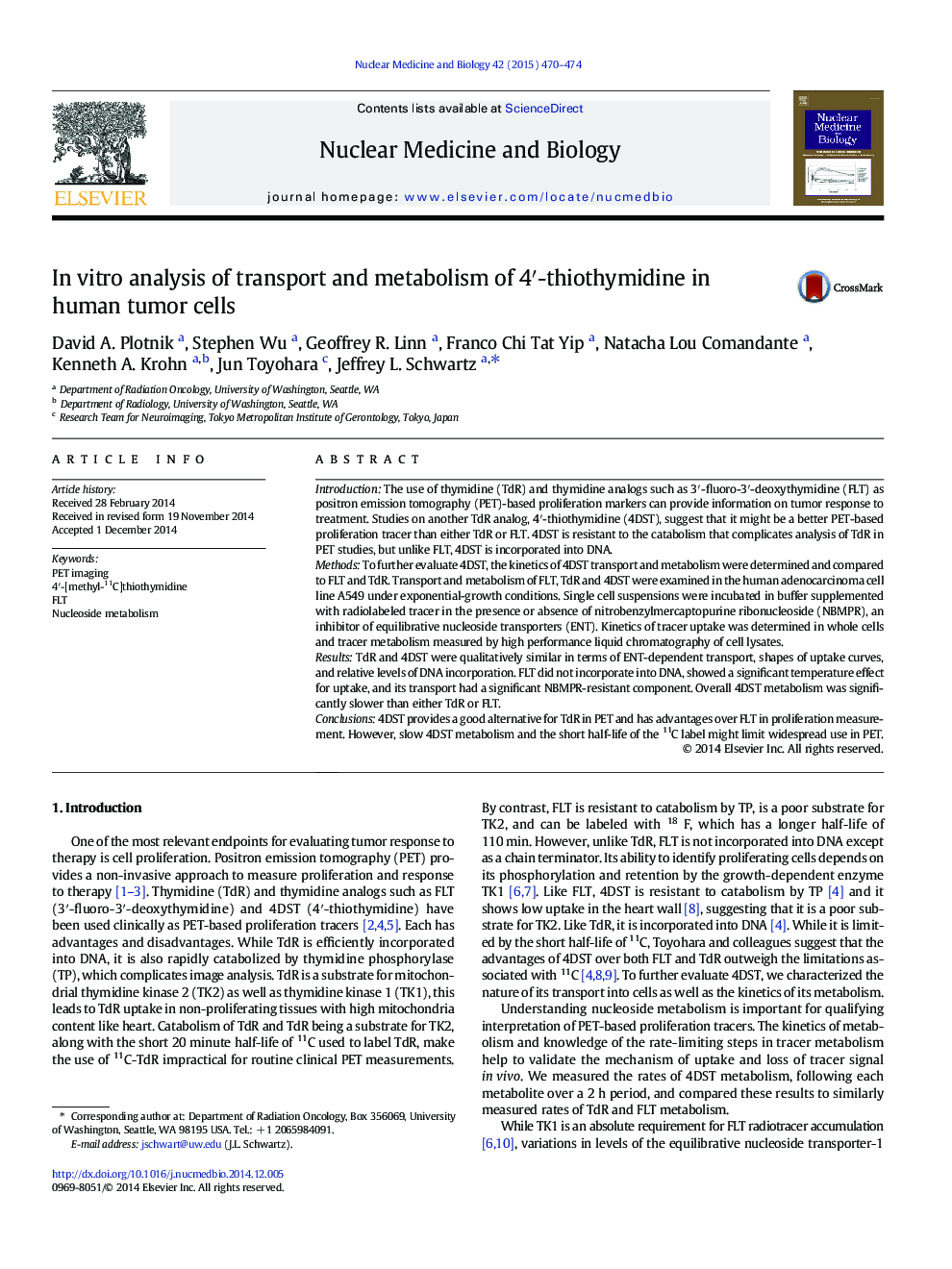 In vitro analysis of transport and metabolism of 4′-thiothymidine in human tumor cells