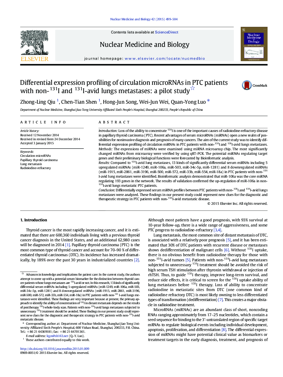 Differential expression profiling of circulation microRNAs in PTC patients with non-131I and 131I-avid lungs metastases: a pilot study