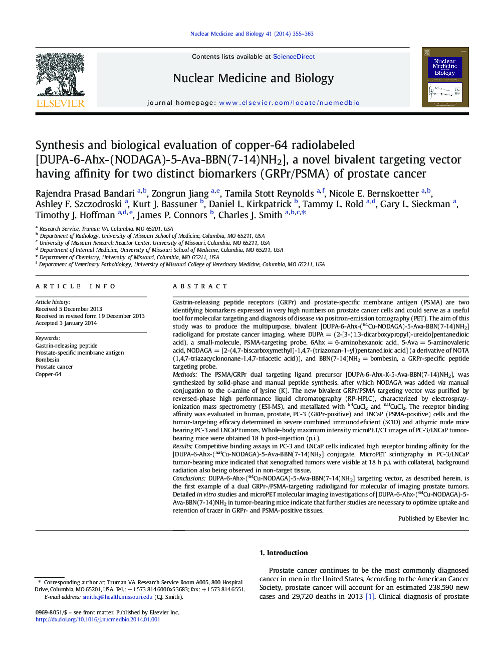 Synthesis and biological evaluation of copper-64 radiolabeled [DUPA-6-Ahx-(NODAGA)-5-Ava-BBN(7-14)NH2], a novel bivalent targeting vector having affinity for two distinct biomarkers (GRPr/PSMA) of prostate cancer