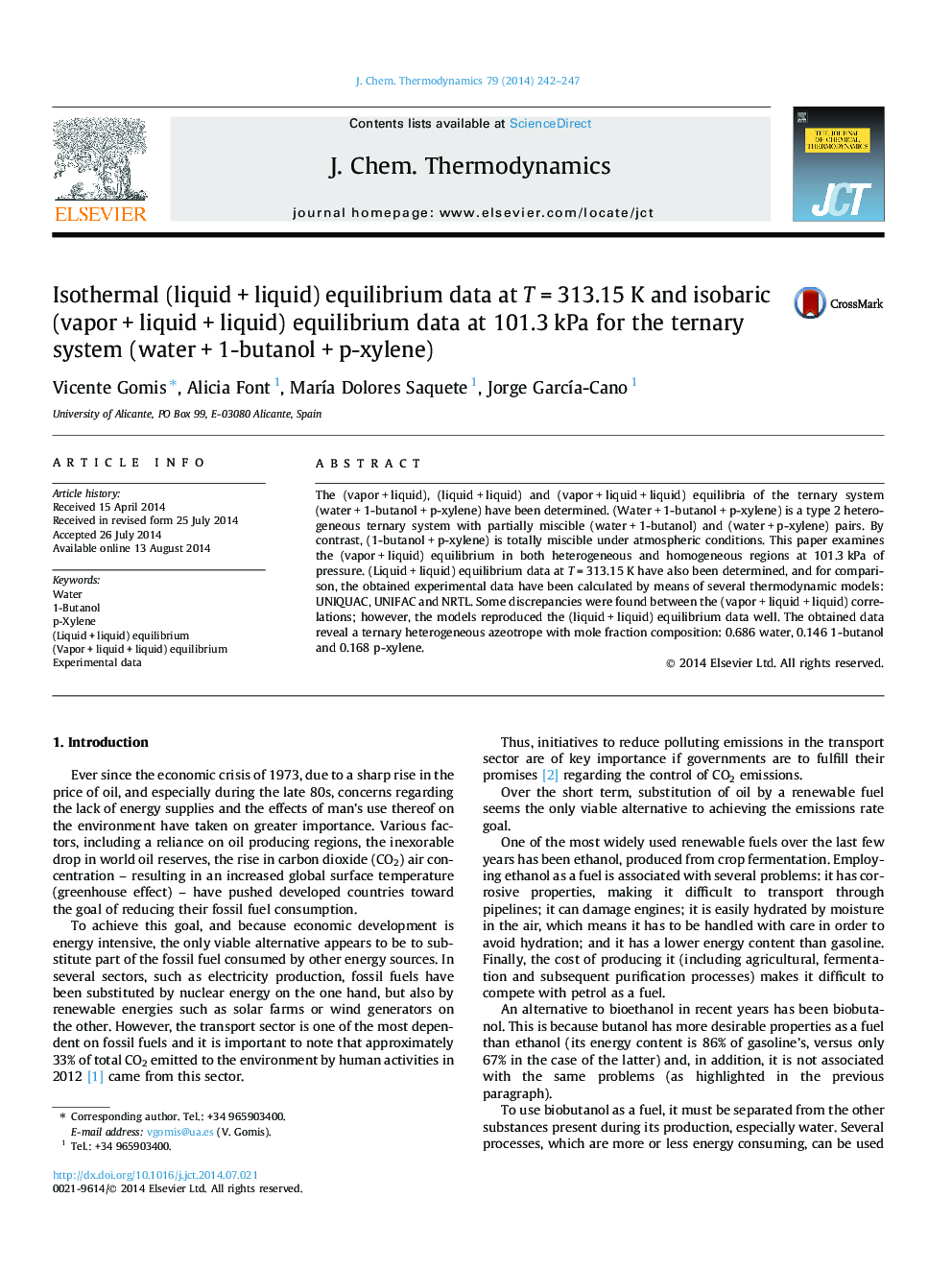 Isothermal (liquid + liquid) equilibrium data at T = 313.15 K and isobaric (vapor + liquid + liquid) equilibrium data at 101.3 kPa for the ternary system (water + 1-butanol + p-xylene)