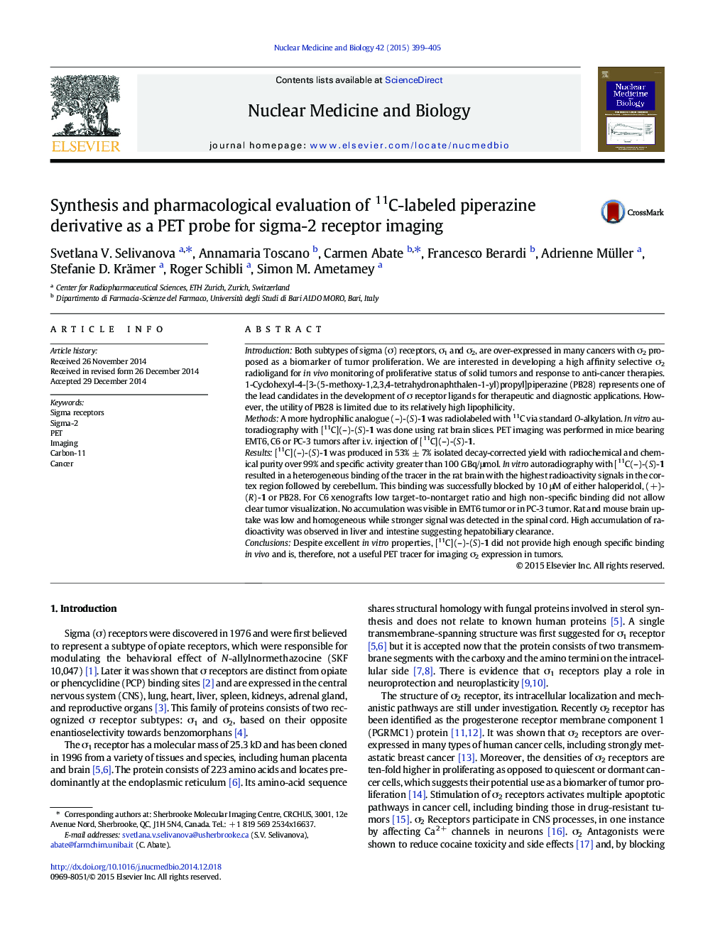 Synthesis and pharmacological evaluation of 11C-labeled piperazine derivative as a PET probe for sigma-2 receptor imaging