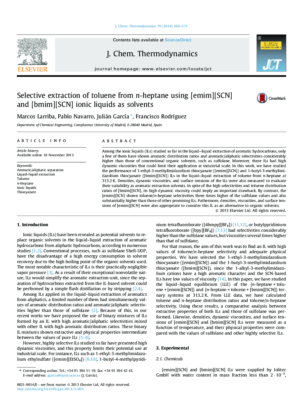 Selective extraction of toluene from n-heptane using [emim][SCN] and [bmim][SCN] ionic liquids as solvents