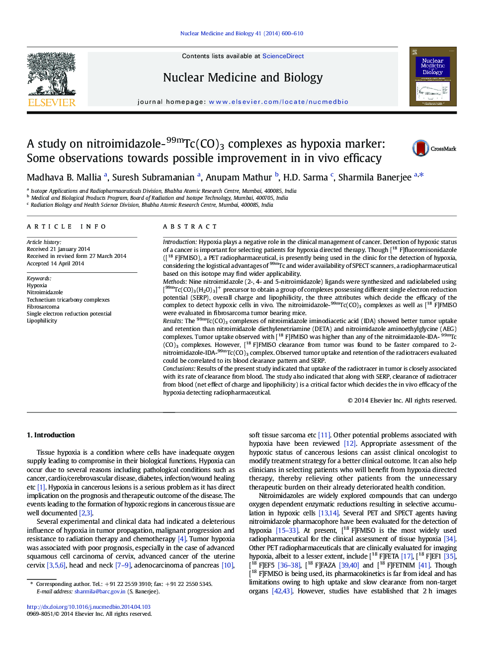 A study on nitroimidazole-99mTc(CO)3 complexes as hypoxia marker: Some observations towards possible improvement in in vivo efficacy