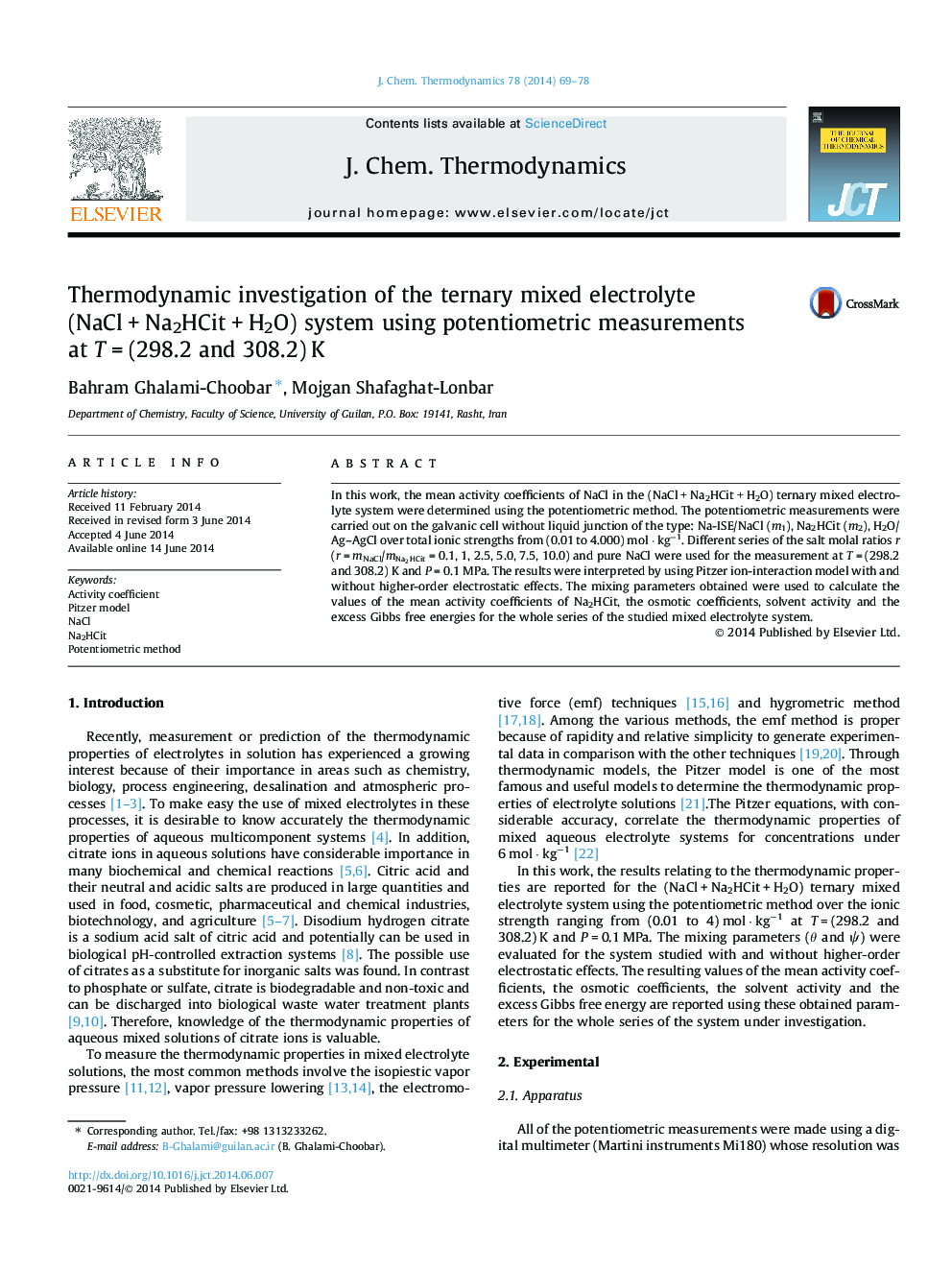 Thermodynamic investigation of the ternary mixed electrolyte (NaCl + Na2HCit + H2O) system using potentiometric measurements at T = (298.2 and 308.2) K