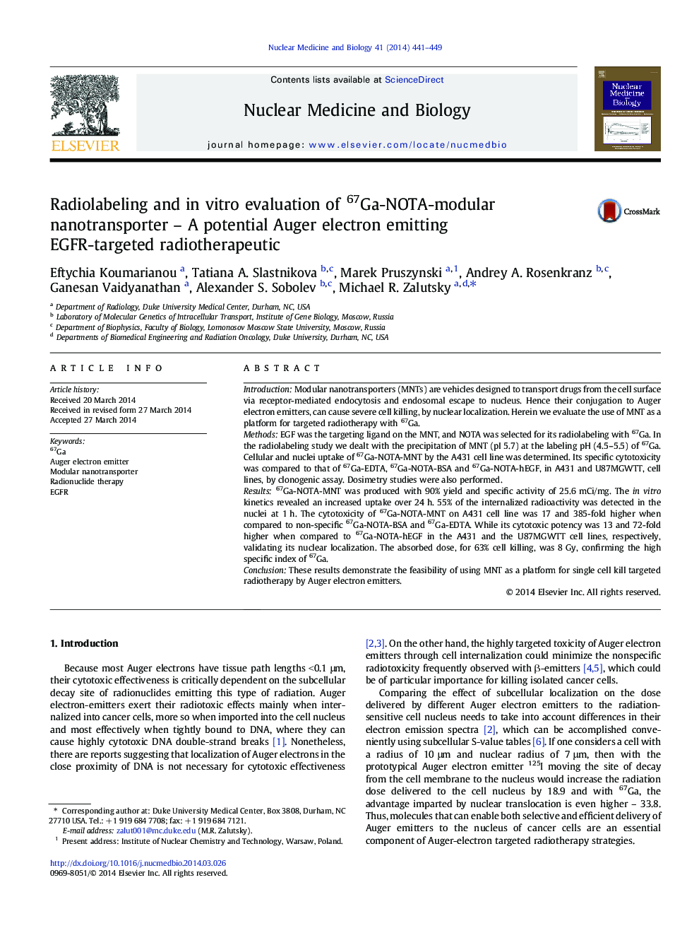 Radiolabeling and in vitro evaluation of 67Ga-NOTA-modular nanotransporter – A potential Auger electron emitting EGFR-targeted radiotherapeutic
