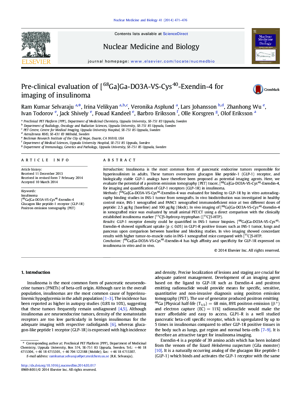 Pre-clinical evaluation of [68Ga]Ga-DO3A-VS-Cys40-Exendin-4 for imaging of insulinoma