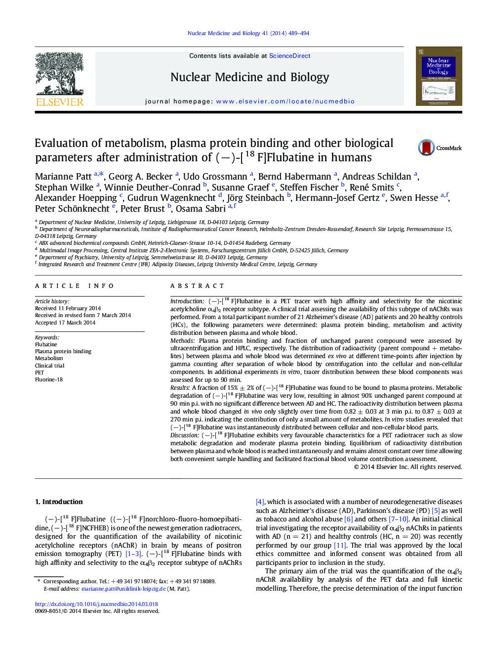 Evaluation of metabolism, plasma protein binding and other biological parameters after administration of (−)-[18 F]Flubatine in humans