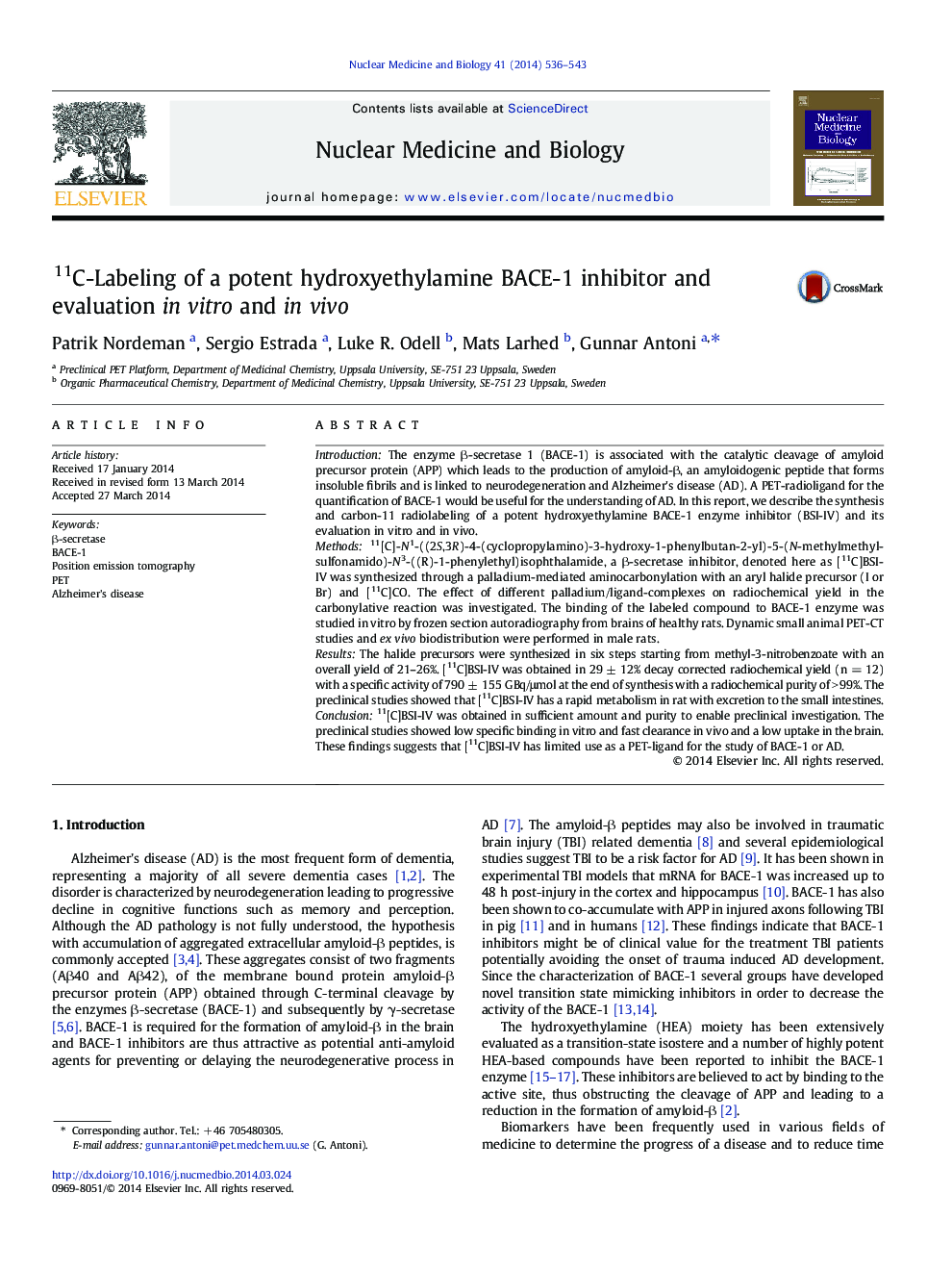 11C-Labeling of a potent hydroxyethylamine BACE-1 inhibitor and evaluation in vitro and in vivo