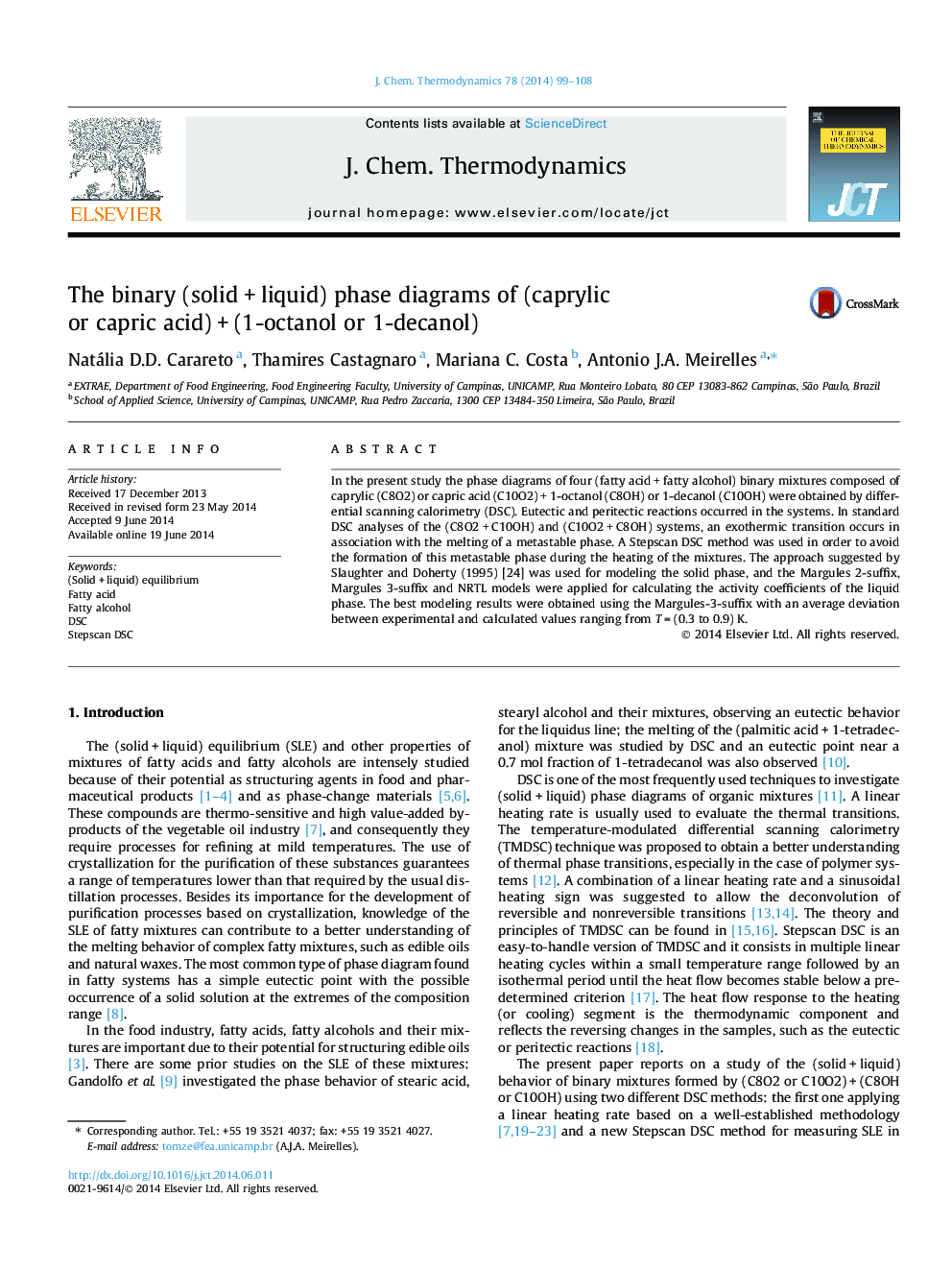 The binary (solid + liquid) phase diagrams of (caprylic or capric acid) + (1-octanol or 1-decanol)