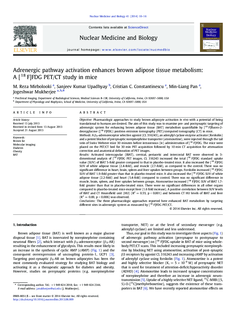 Adrenergic pathway activation enhances brown adipose tissue metabolism: A [18 F]FDG PET/CT study in mice