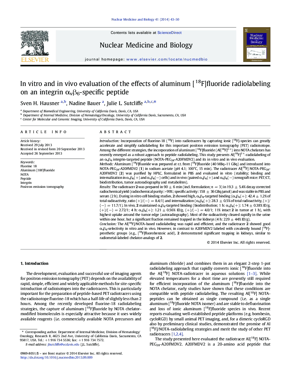 In vitro and in vivo evaluation of the effects of aluminum [18F]fluoride radiolabeling on an integrin αvβ6-specific peptide