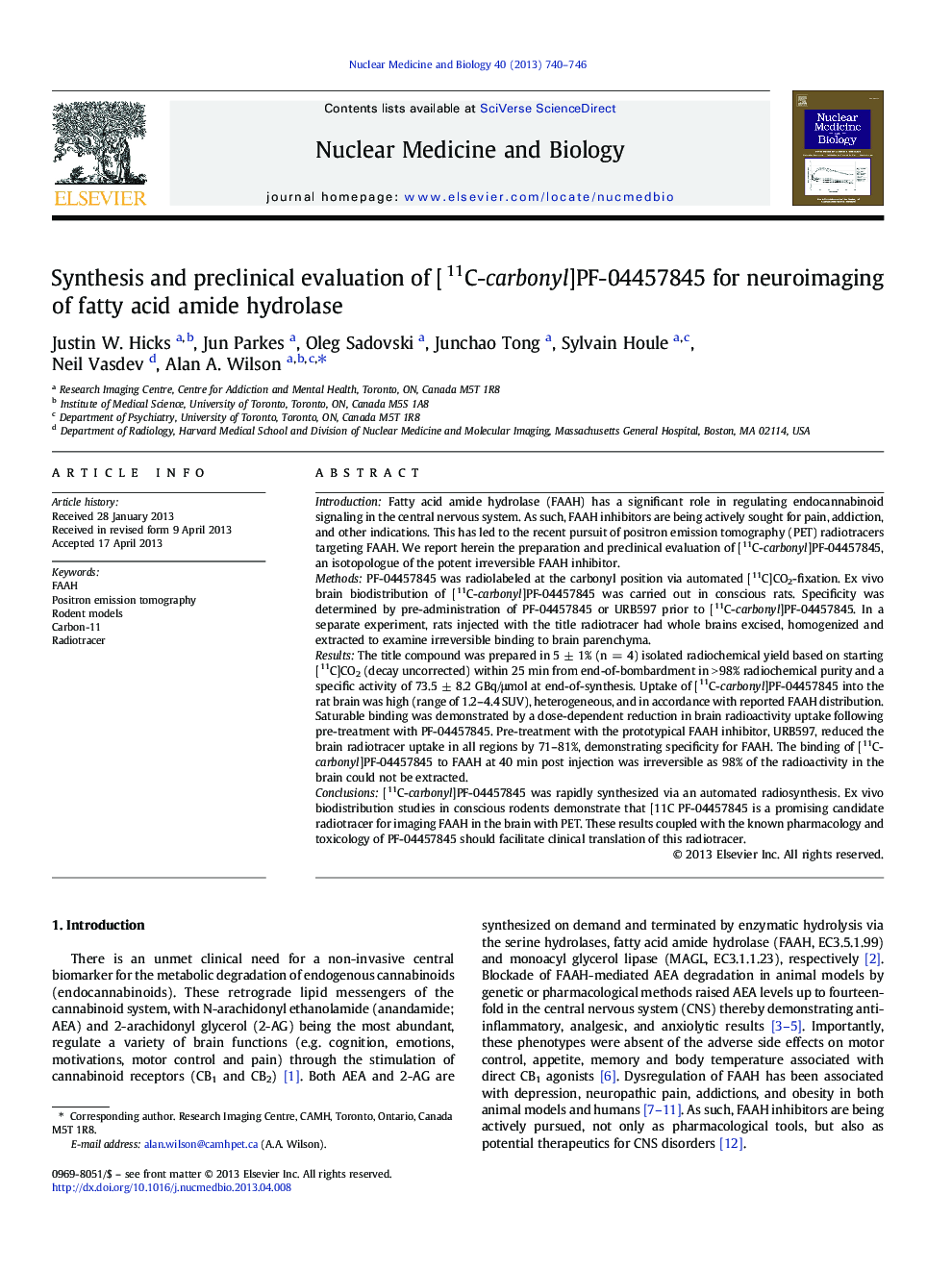Synthesis and preclinical evaluation of [11C-carbonyl]PF-04457845 for neuroimaging of fatty acid amide hydrolase