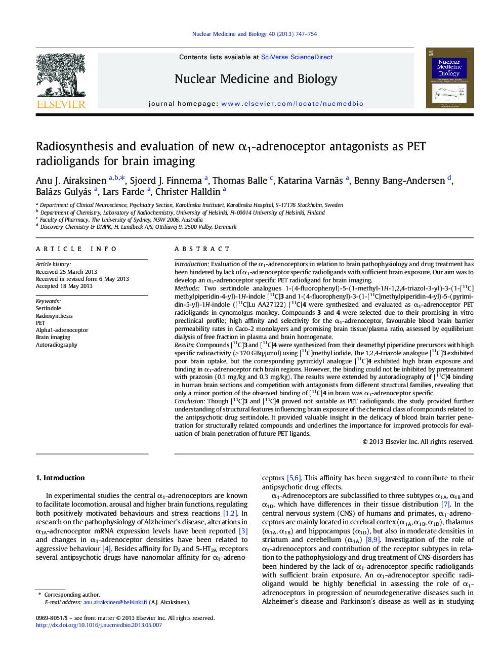 Radiosynthesis and evaluation of new α1-adrenoceptor antagonists as PET radioligands for brain imaging