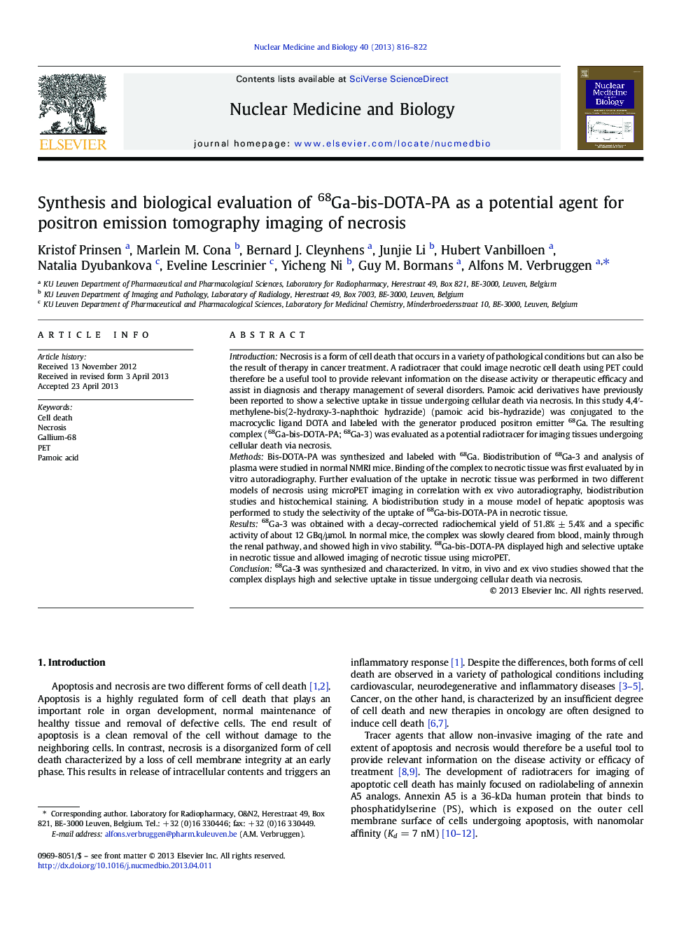 Synthesis and biological evaluation of 68Ga-bis-DOTA-PA as a potential agent for positron emission tomography imaging of necrosis