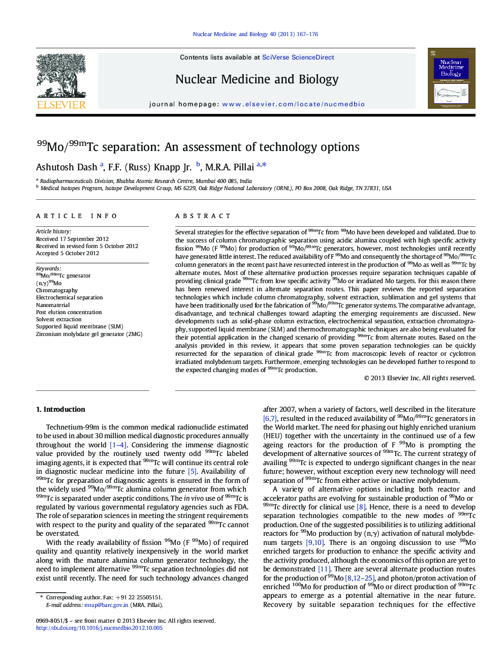 99Mo/99mTc separation: An assessment of technology options