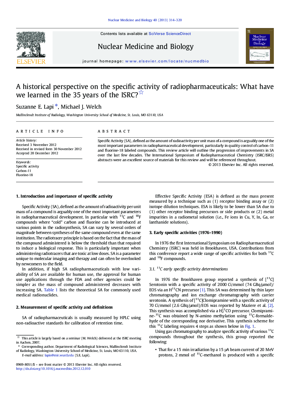 A historical perspective on the specific activity of radiopharmaceuticals: What have we learned in the 35 years of the ISRC? 