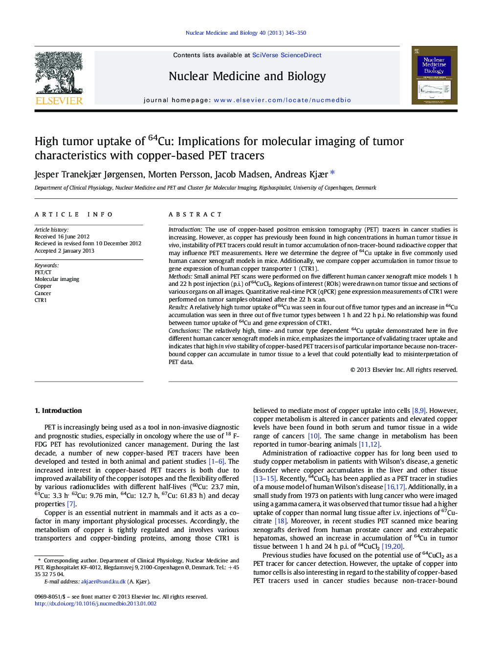 High tumor uptake of 64Cu: Implications for molecular imaging of tumor characteristics with copper-based PET tracers