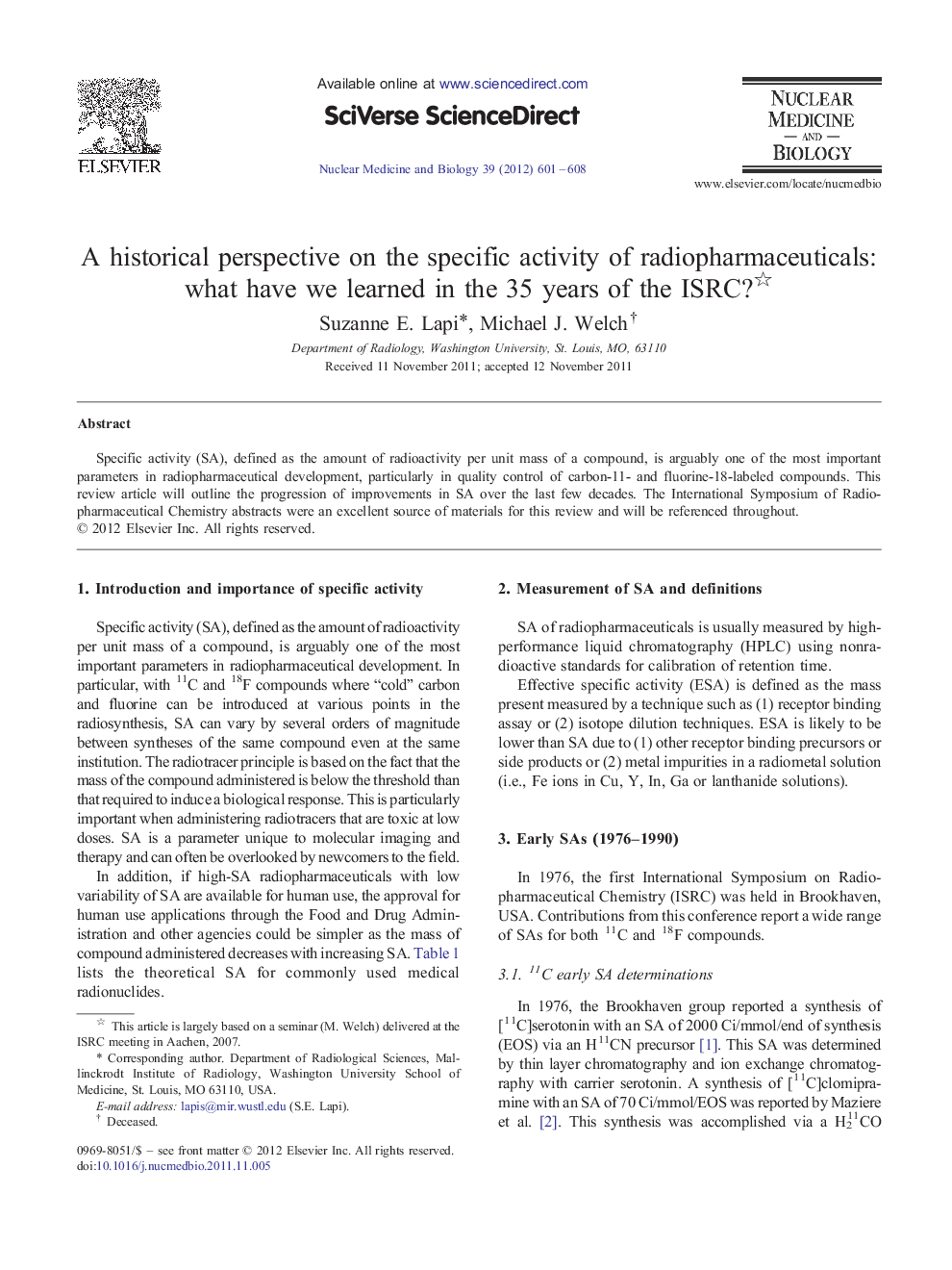 A historical perspective on the specific activity of radiopharmaceuticals: what have we learned in the 35 years of the ISRC? 
